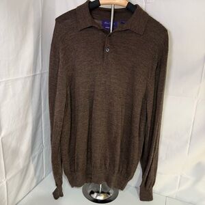 Alan Flusser Merino Wool Brown Long‎ Sleeve Polo Sweater Mens L